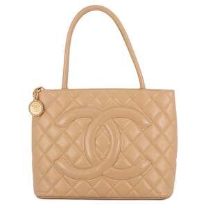 CHANEL Cream Caviar Leather Logo Tote Bag